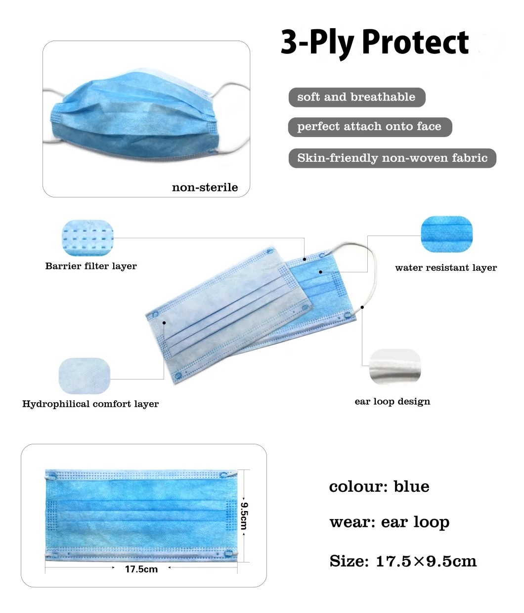 Breathable 3 Ply Disposable Face Mask Non Woven Fabric For Clinic / Hospital