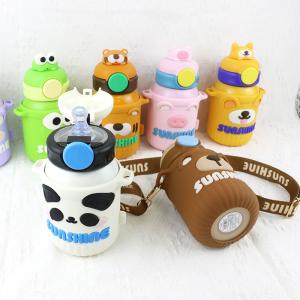 China BPA Free 306 Stainless Steel 550ml Thermos Vacuum Baby Kids Straw Bottle Cartoon Animal Silicone Holder Case wholesale
