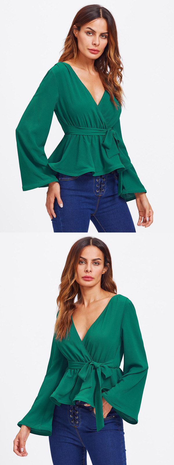 Bell Sleeve Wrap Blouse with Deep V Neck