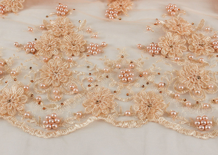 Flower Design Pearl Embroidery Beaded Tulle Fabric By The Yard For Haute Douture