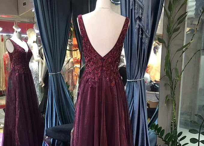 Sleeveless Burgundy A Line Ball Gown Backless Top Lace Beading Tull Fabric