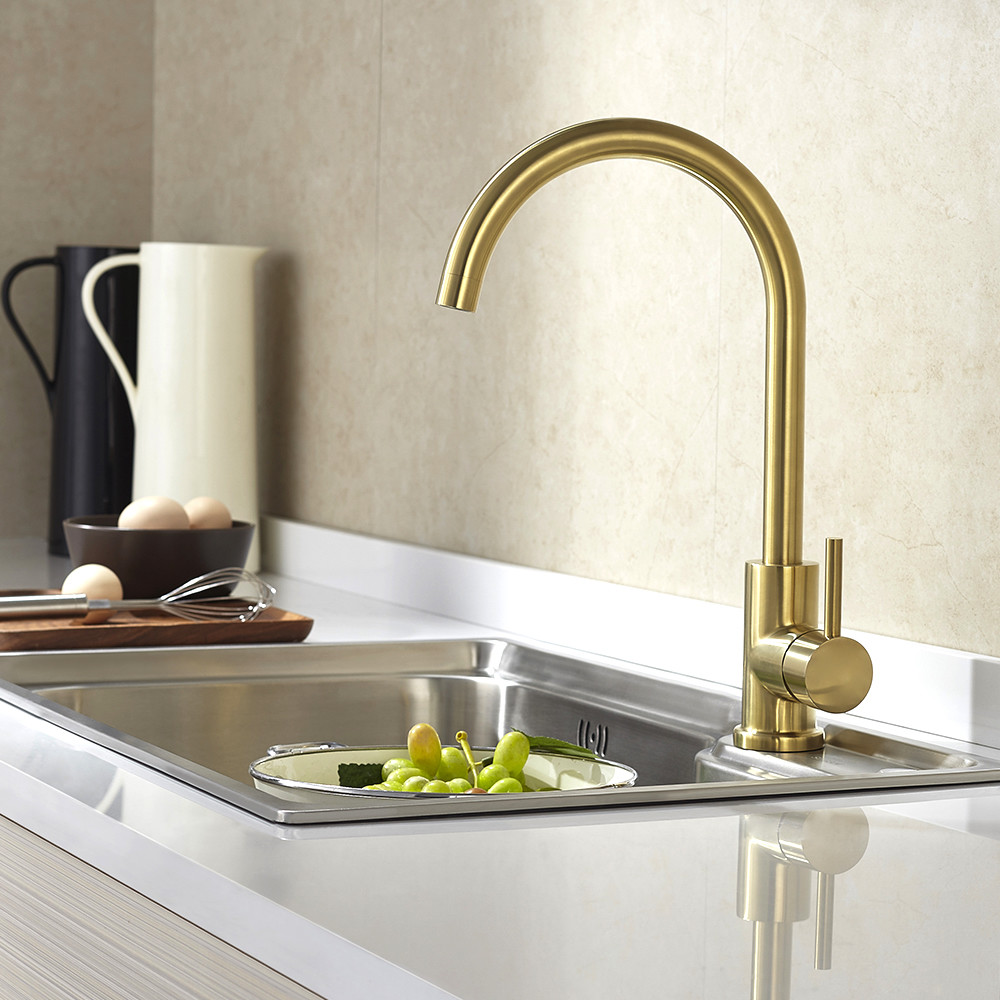 Promotion Durable Deck Mounted Single Handle Brass Color Kitchen Water Faucet Steel 304/316 Material