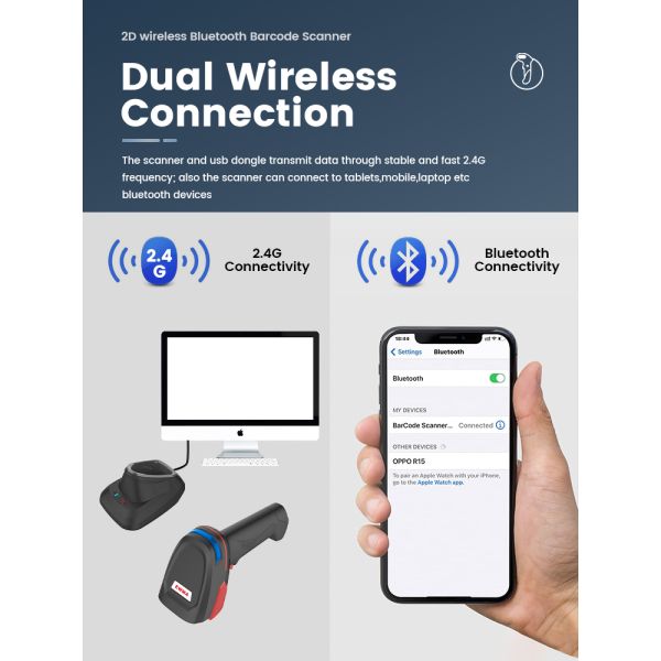 New Wireless2.4G+ Blue Tooth 2D Barcode Scanner Qr Code Reader with Charging Base for Retail Supermarket 2 Years Warrtary