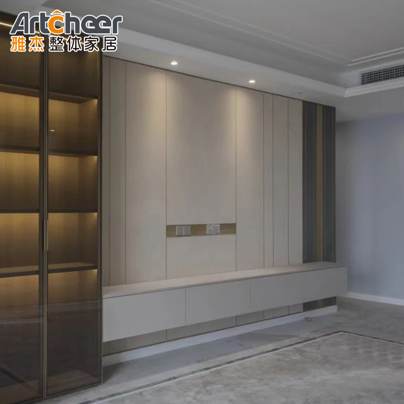 Adjustable TV Wall Cabinet in Modern Scandinavian Style with Glass Door and Wine Rack