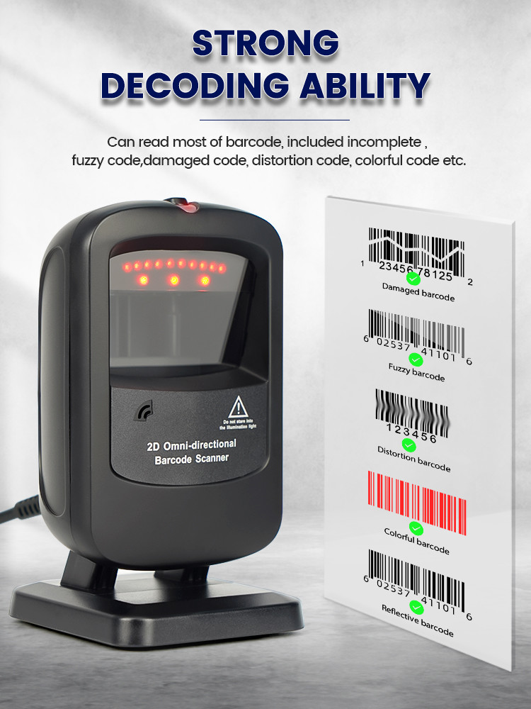 4Mil Desktop Barcode Reader 1D 2D Omnidirectional CMOS Scanner For Supermarket