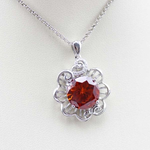 925 Silver 12mm Round Garnet Cubic Zircon Flower Style Pendant Necklace (P43)