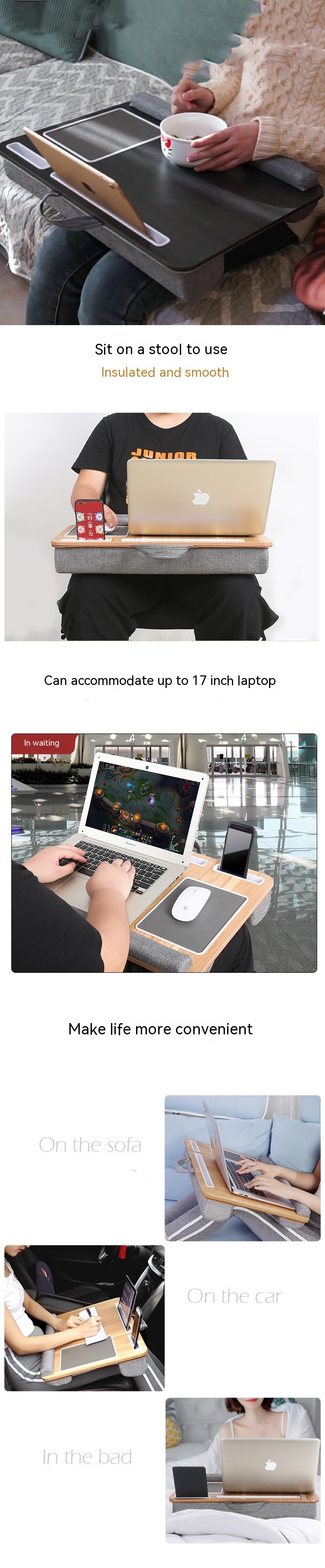 Upholstered Laptop Work Tray and Gaming Table Adjustable Frame 1100-1800mm for Home Office