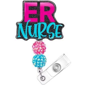 China Customized Color Fashion Resin Glitter Acrylic Beads Retractable Nurse Badge Reel Cute Anime Name Tag ID Card Holder Lanyard wholesale
