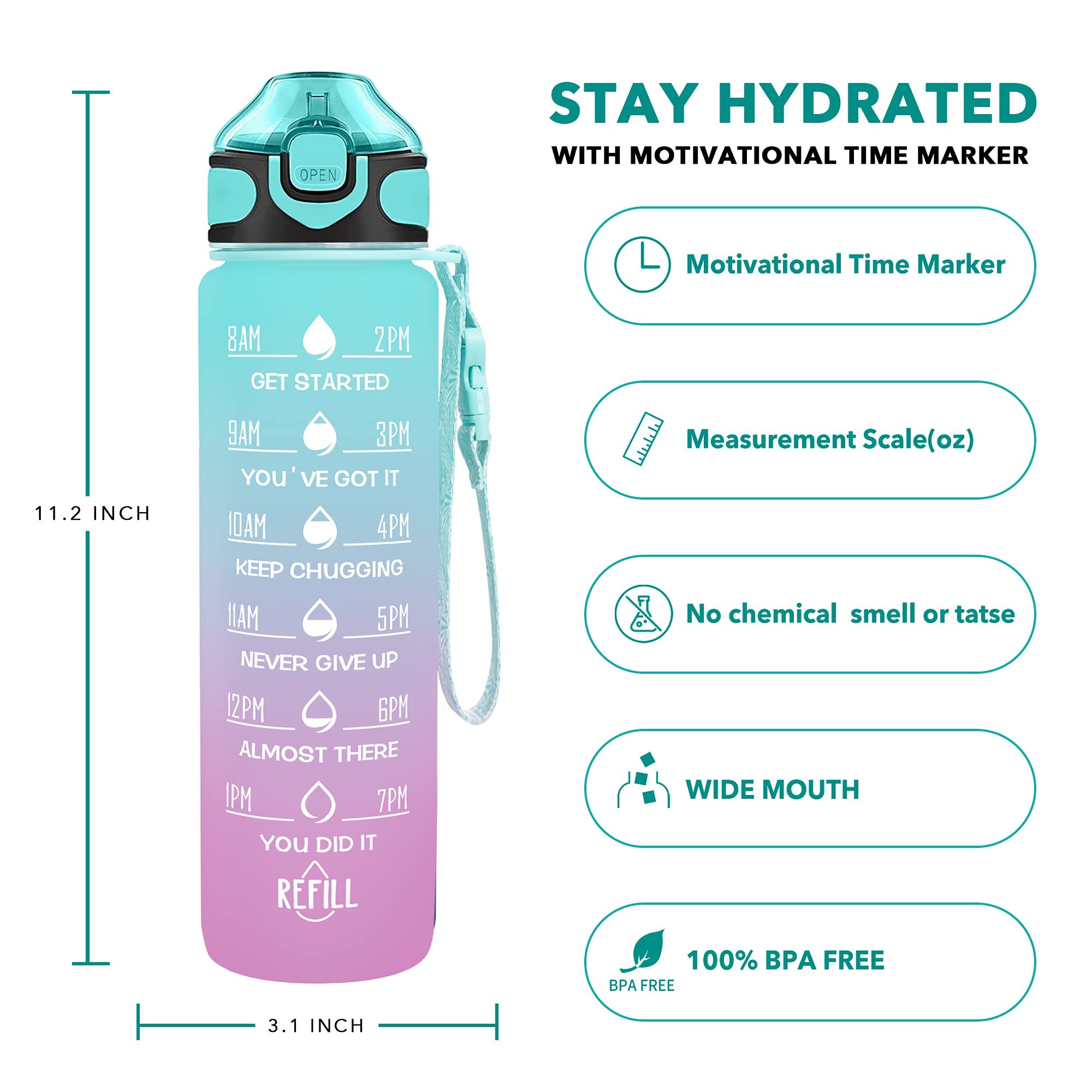 Portable Leakproof Sports Water Bottle 32 Oz Reusable Water Bottle With Motivational Time Marker And Carrying Strap Toxic Free Humanized Design