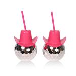 Pink Cowboy Hat Disco Ball Cup With Straw 600ml 20oz Food Grade Plastic