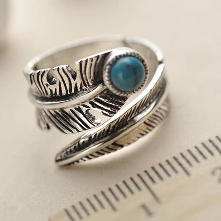 Turquoise Adjustable Tribal Feather Ring 925 Sterling Silver Band Ring (024952)