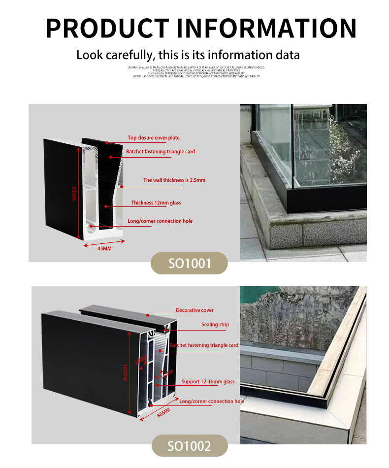 Aluminum U Shape Glass Channel Matching 10-13mm Glass Tempered Glass Balcony Enclosure