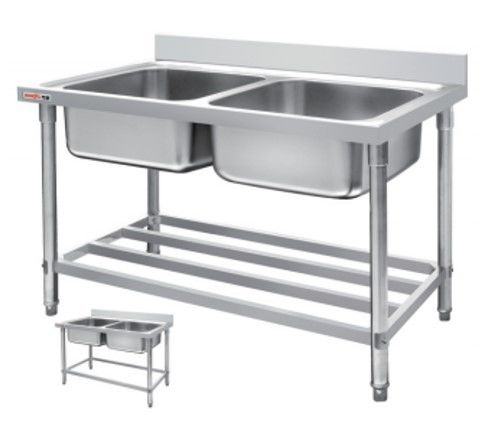 Double Sink Stainless Steel Processing Table Industrial Kitchen Heavy Duty 500*500*300mm