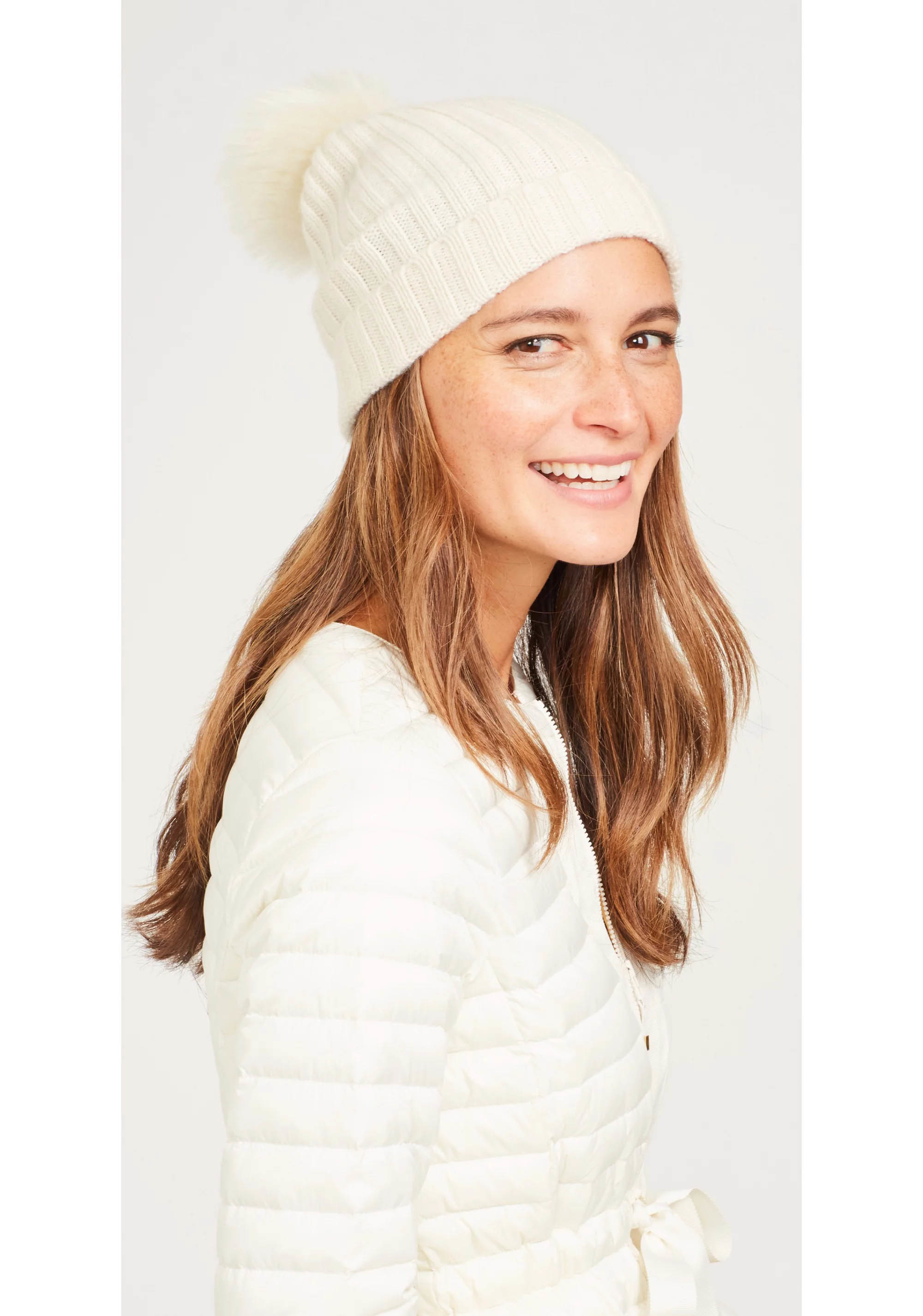 Female Knitted Beanie With Pom Pom , Cashmere Winter Hat With Two Pom Poms