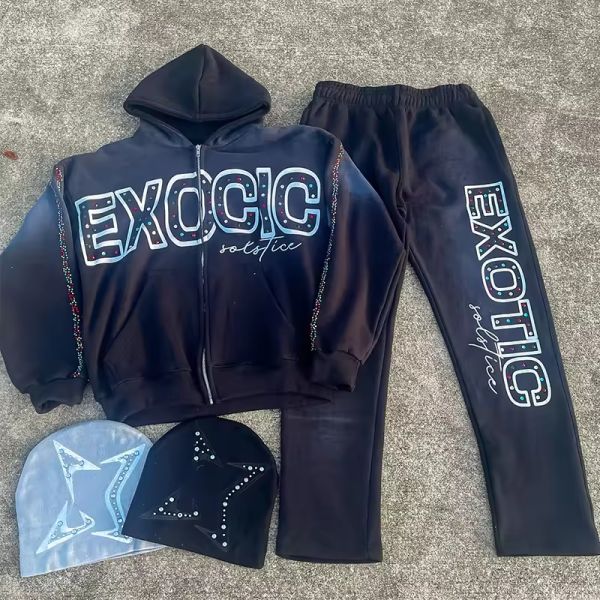 Custom Acid Washed Tracksuit Distressed Rhinestone Zip up Hoodie and Sweatpants Set Vintage Sweatsuit Jogging Streetwear