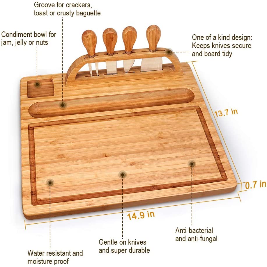 Bamboo Cheese Board Set with Cutlery Drawer Rectangle Bamboo Plate and Cheese Knife Set