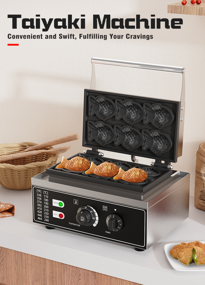 Electric Mini Fish Taiyaki Maker Stainless Steel 6 Fish Shaped Waffle Baker Machine
