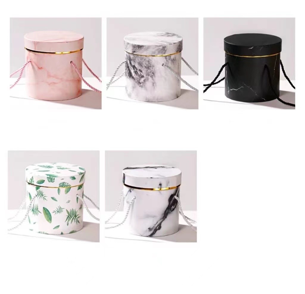 Green Leaf Veins Marbling Round Flower Gift Box Cylinder Rose Box With Handle