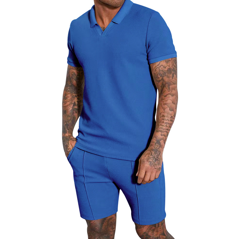 Customized 2024 Summer Tracksuit Set for Men Solid Color Polo T shirt and Waffle Shorts