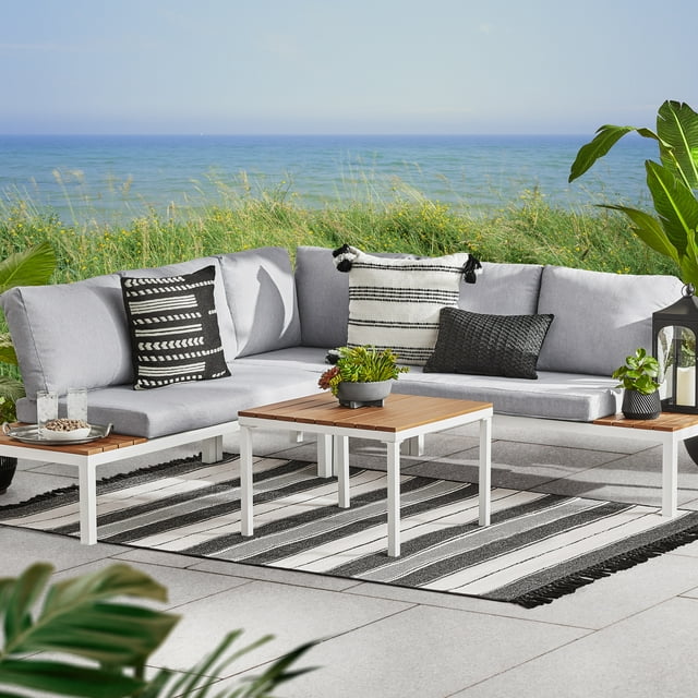 Outdoor Furniture L Shape Sectional Sofa Plastic Teak Wood Corner Lounge Set for Deck