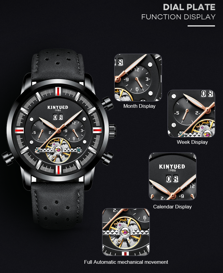 KINYUED J019-4 Private Label Black Case Black Dial Genuine Leather Auto Date Skeleton Automatic Mechanical relogio masc