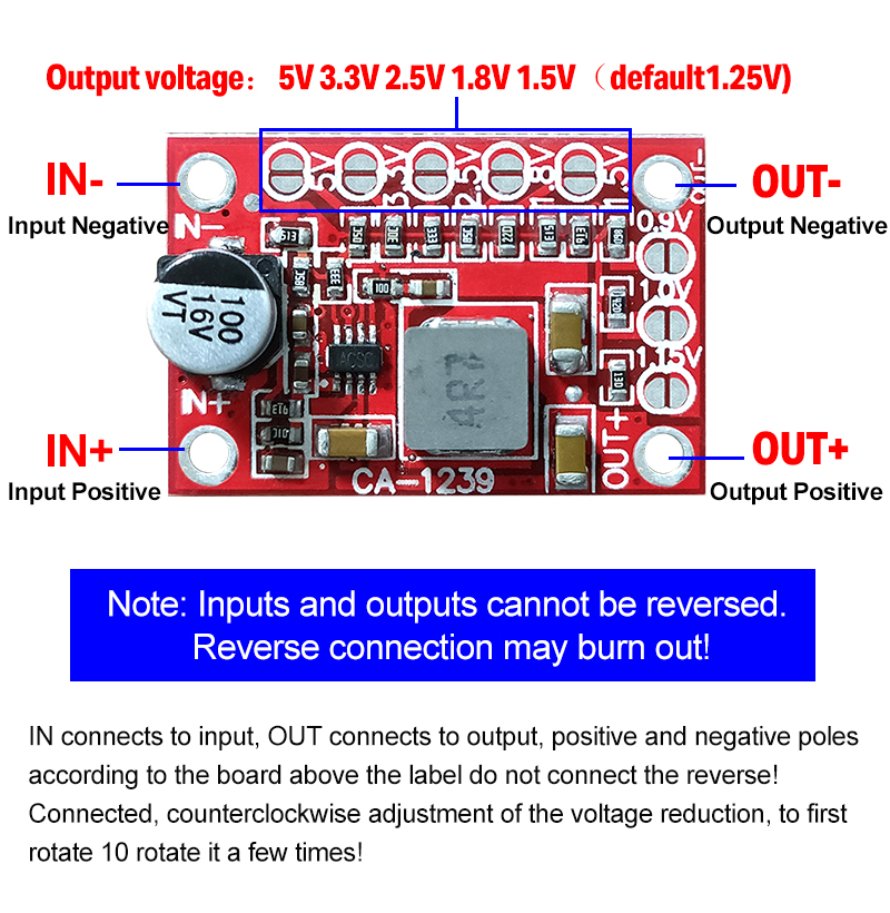 Step Down Power Module CA-1239 Adjustable Buck Converter 5-15V Input 1.25V/1.5V/1.8V/2.5V/3.3V/5V Output