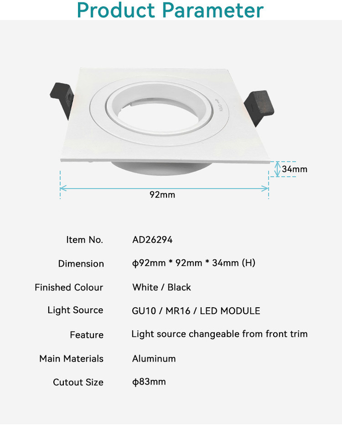 Commercial Square Recessed Spotlight Frame with 20° Tilt and Rotating Housing