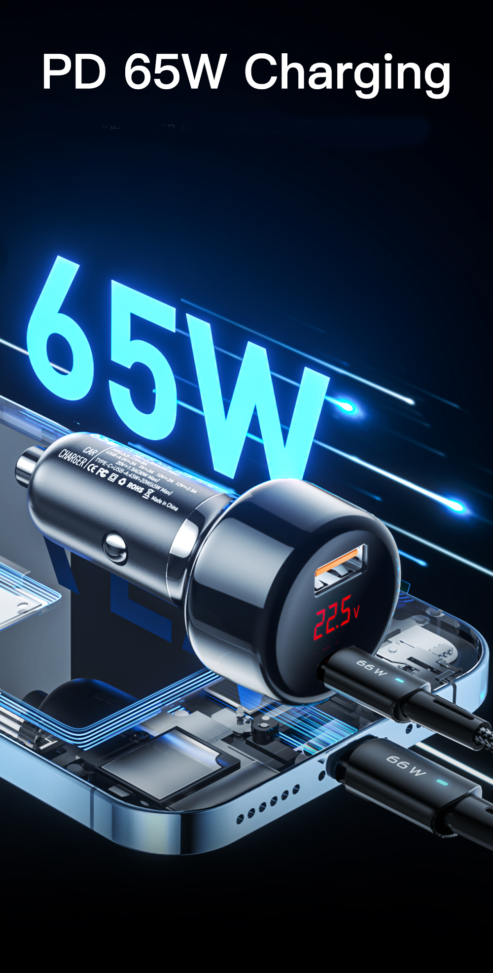 Essager 2022 Torch Phone Charging Fast Charge Dual 2 Port Usb Type C Pd Qc 3.0 Mini Adapter 65W Car Charger