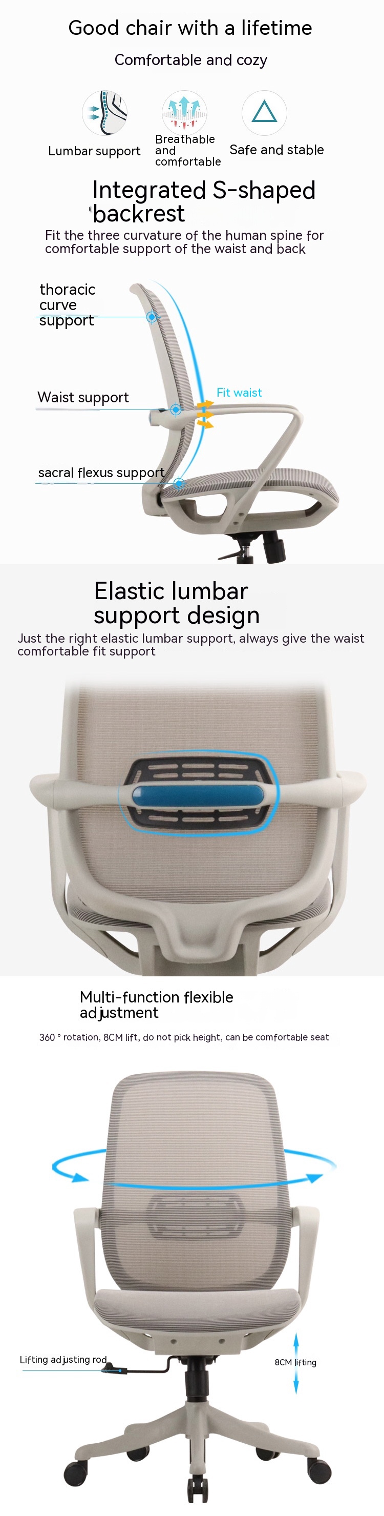 Adjustable Ergonomic Executive Mesh Office Chair with Swivel Wheels and Lumbar Support