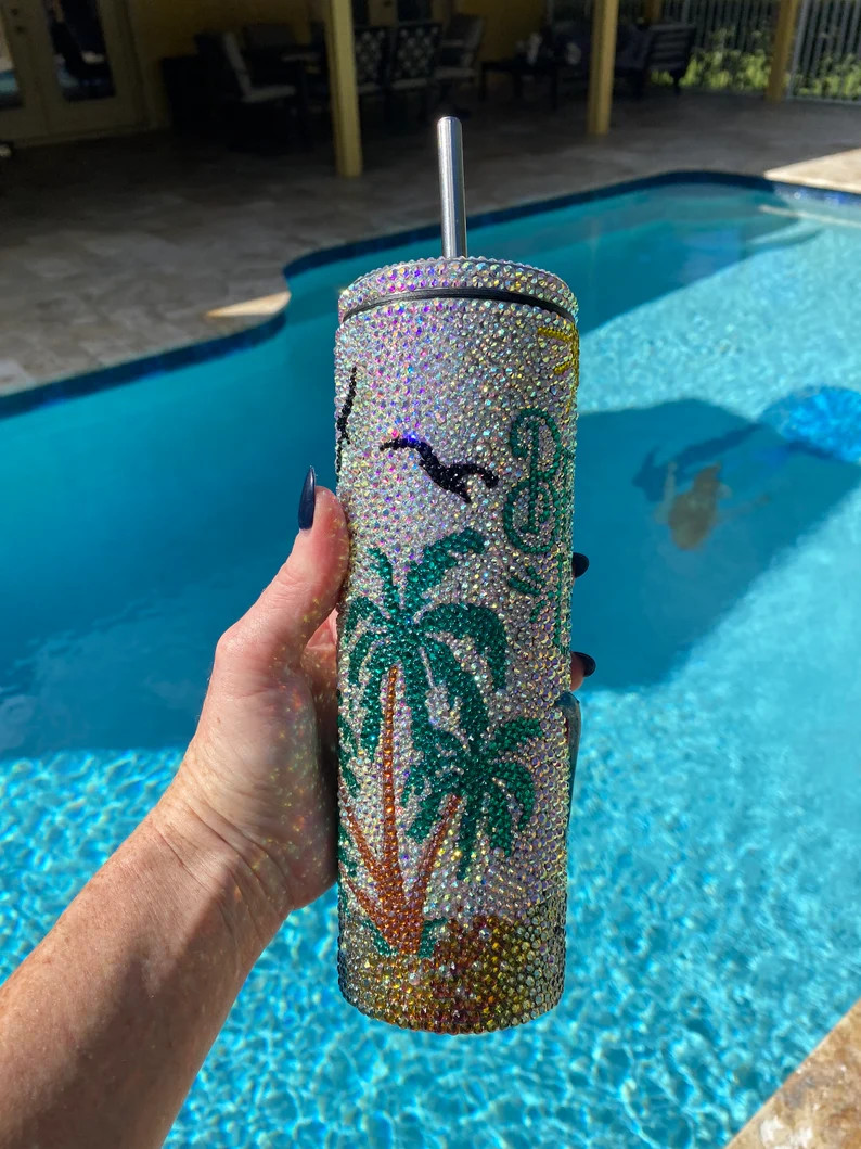 Personalized 20 Oz Plastic Water Bottle Bling Rhinestone Tumbler Water Bottle With Handle And Straw Screw Lids Double Wall Insulation