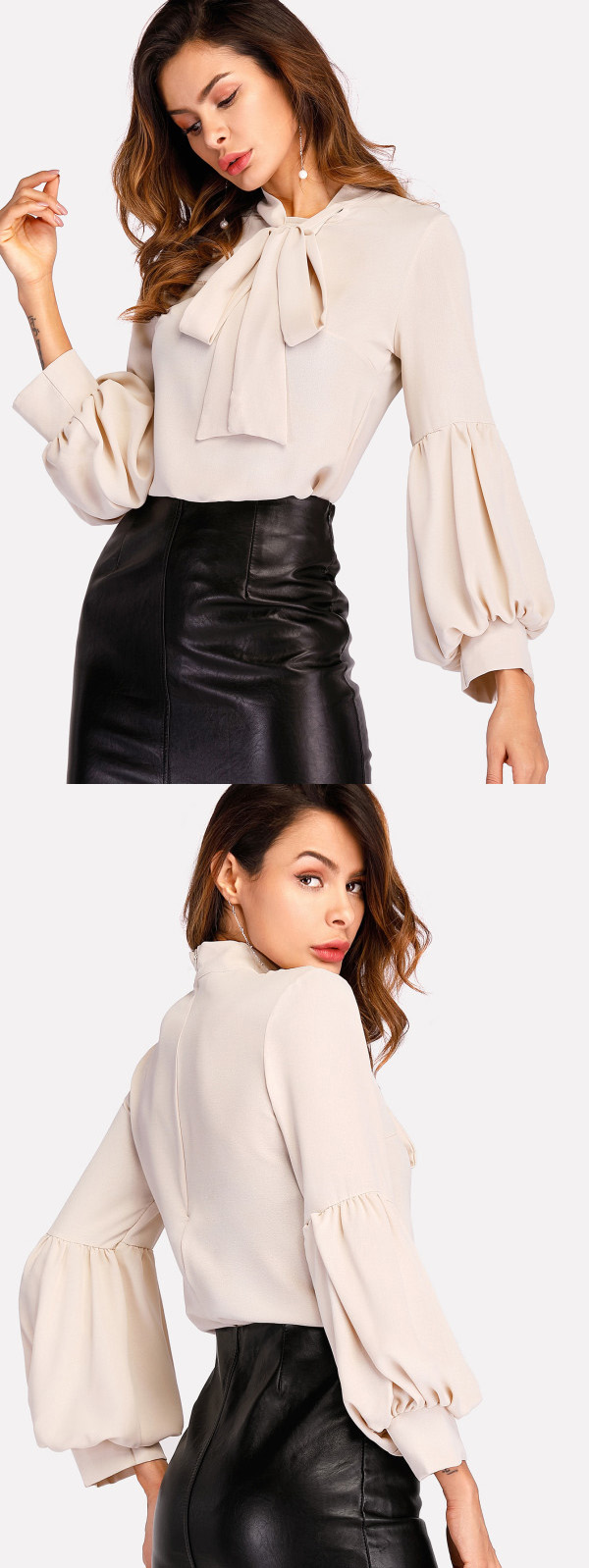 Tie Neck Balloon Sleeve Elegant Ladies Blouse