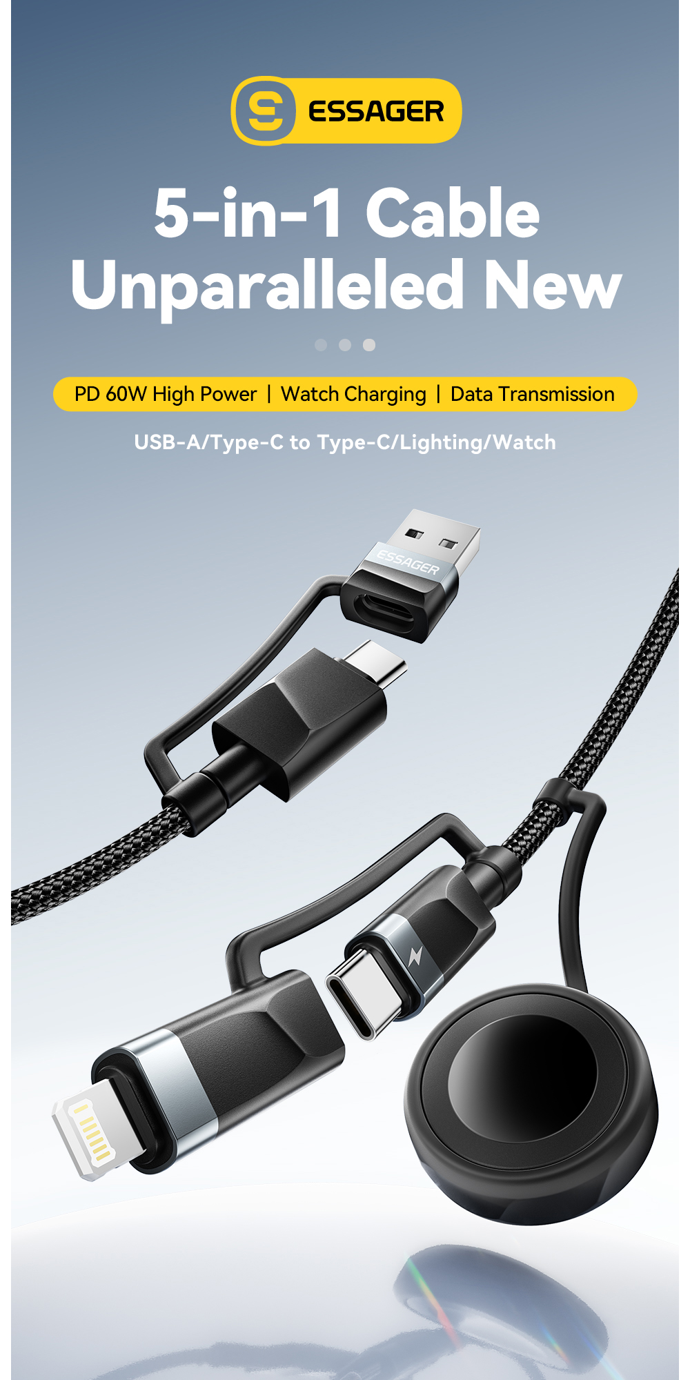 ESSAGER ES-X71 5 in 1 QC PD USB A/C to USB C/L Smart Watch Charging Data Cable