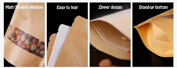 Kraft Stand Up Zipper Lock Paper Food Pouches Bag With Transparent Window