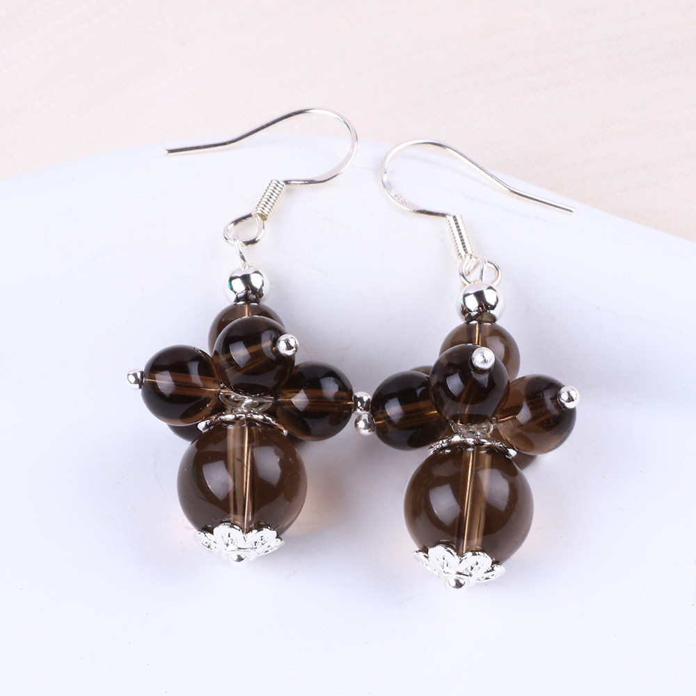 Handmade Crystal Stone Earrings Smoking Quartz Flower Gemstone Beaded Pendant Earrings