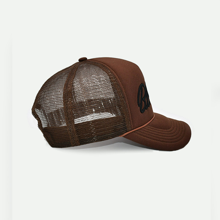 Adjustable Customized 5 Panel Sponge Trucker Cap Brown Summer Decorative Rope