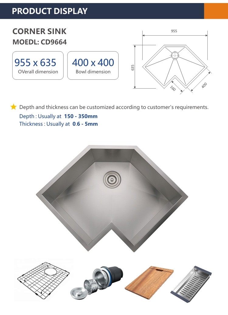 Stainless Steel Double Bowl Corner Kitchen Sink Undermount 96x46