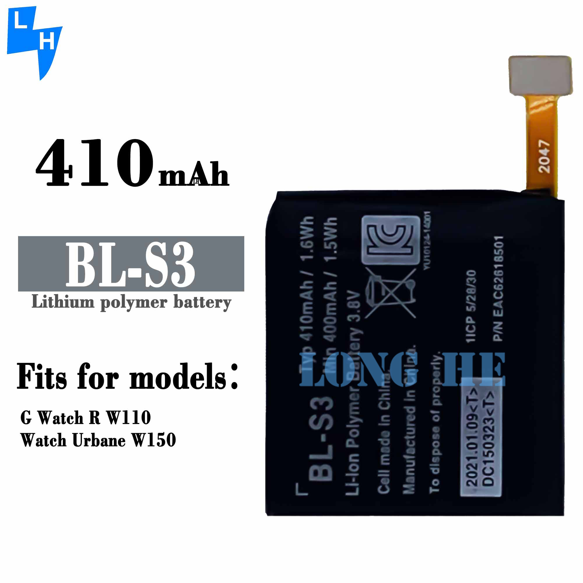 Dual IC Protection BL-S3 410mAh 1.6Wh Smart-Watch Battery for LG G Watch R W110 W150