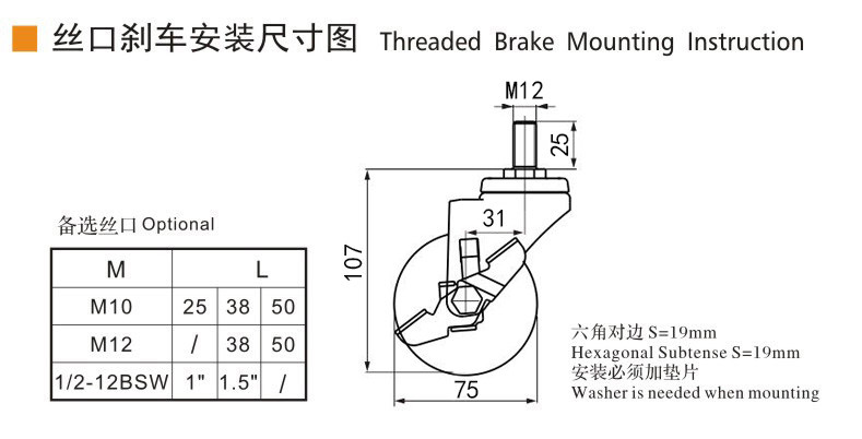 3 Inch Swivel Plate Casters , 70kg Threaded Castor Wheels 363S-74