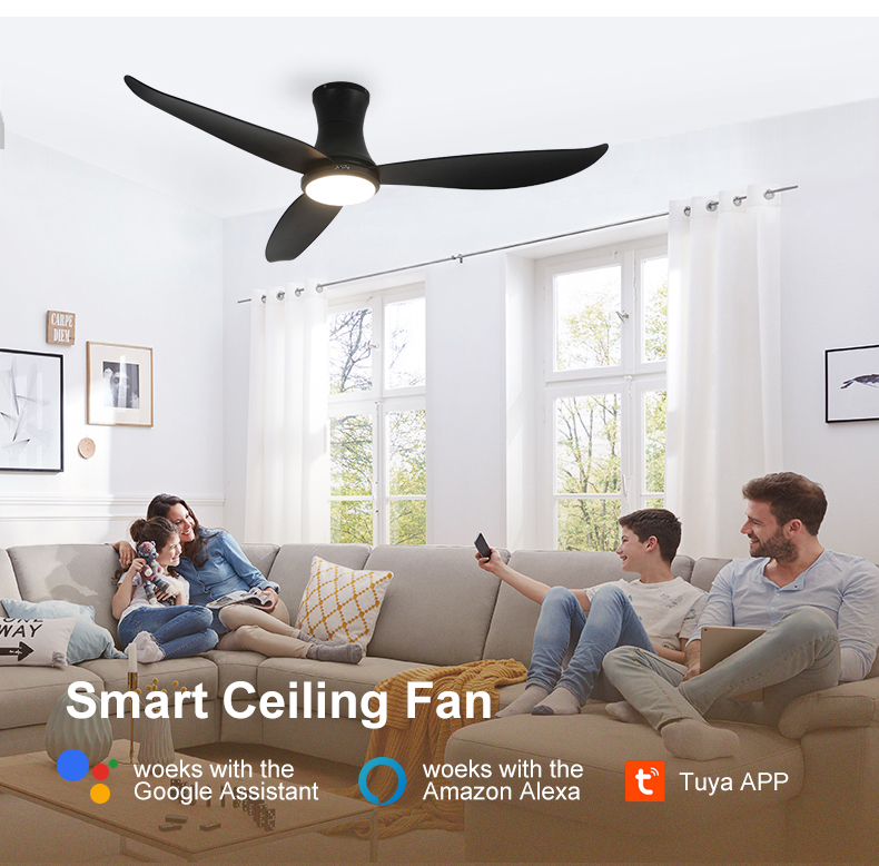 Home Office 52 Inches Flush Mount LED Ceiling Fan with ABS Blades and 3 Color Lighting