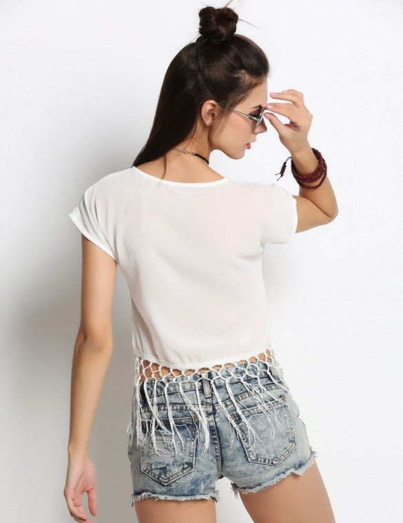 tops for women 2016 Women Round Neck Embroidery Tassel Blouse Crop Tops