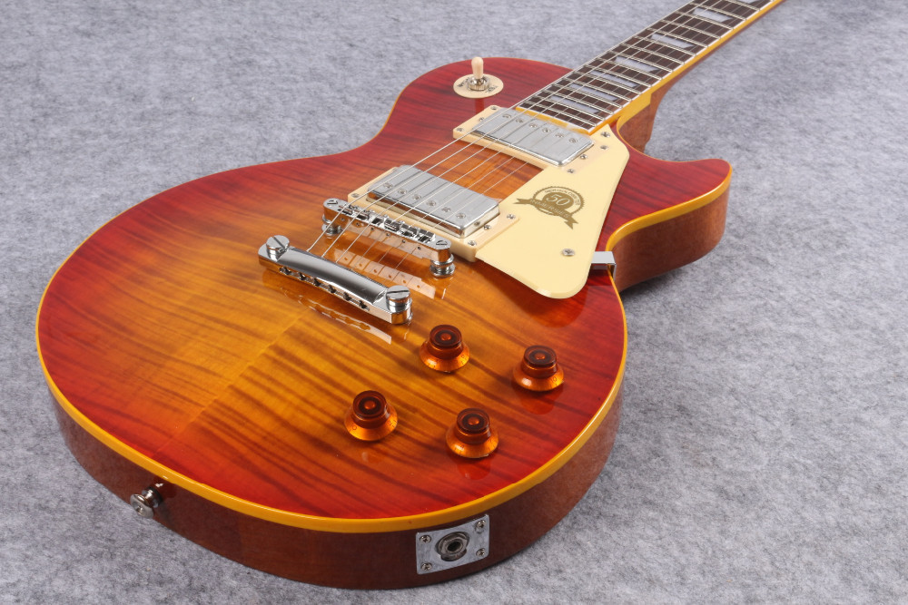 Custom 50th Anniversary LP Reissue electric guitar,Aged Vintage Cherry Sunburst tiger flame musical guitar free shipping