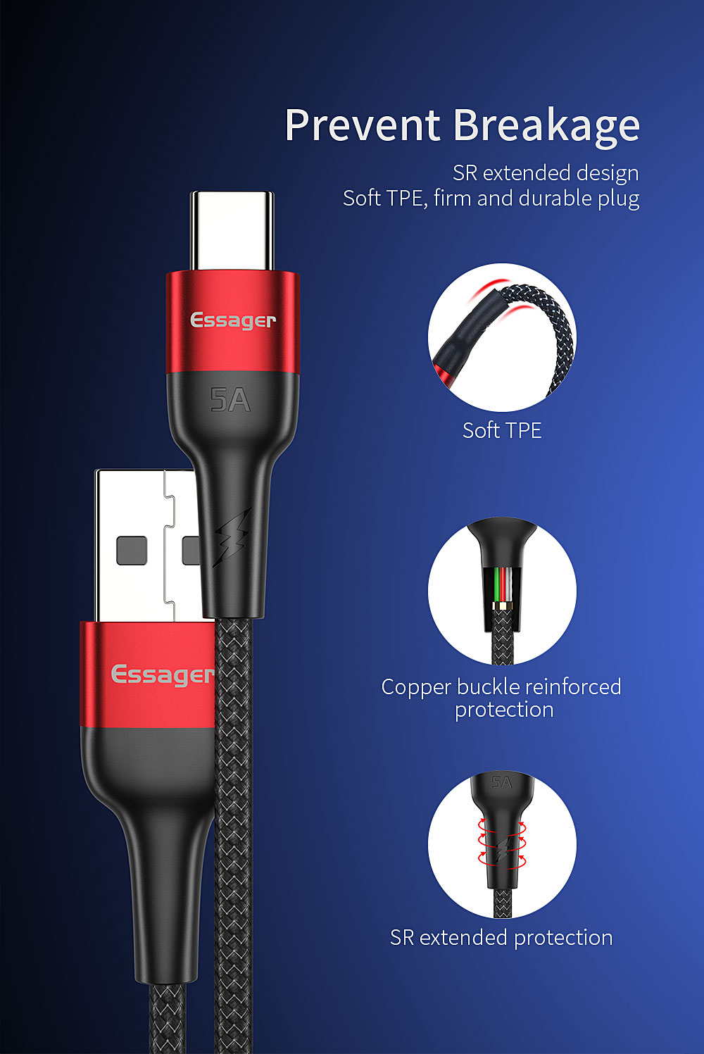 Essager Scud Usb Type C Cable Fast Charging 5A 0.3M 1M 2M for Type C Devices