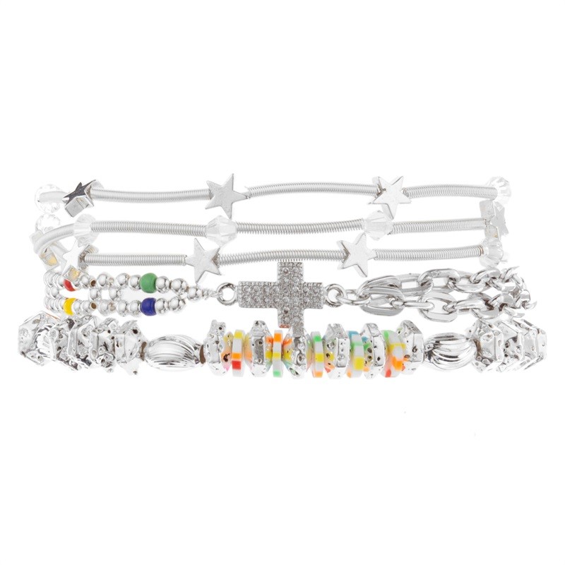 Boho Multi Beads Silver Stackable Beaded Elastic Bracelet For Spring Fashion