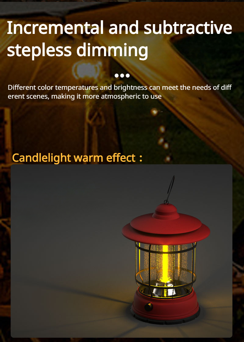 Outdoor retro American camping light 3 gears adjustable USB rechargeable portable camping tent flashlight