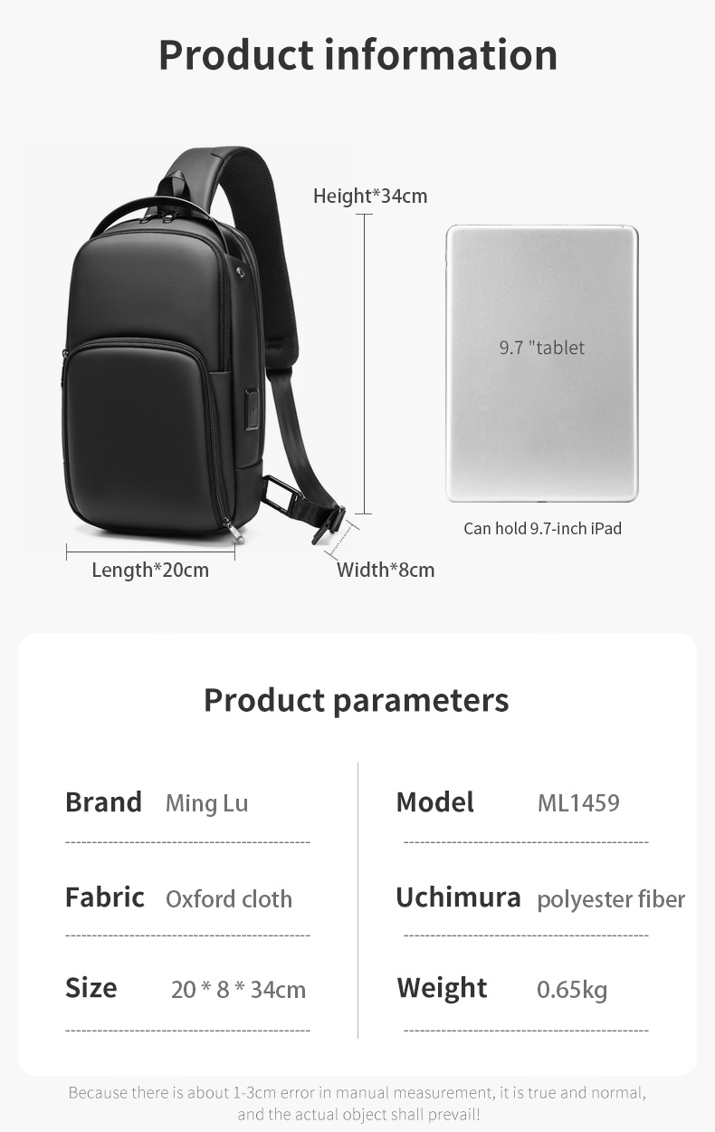 Solid Color Outdoor Travel Mens Sling Bag Multi Pocket Design Easy To Carry