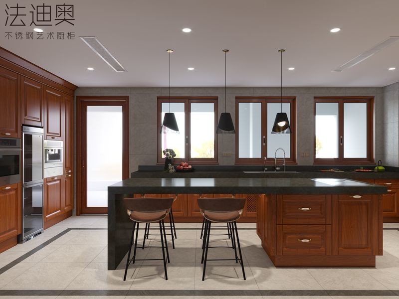 New Chinese Style Wood Grain Kitchen Cabinet With Floor-Standing Island