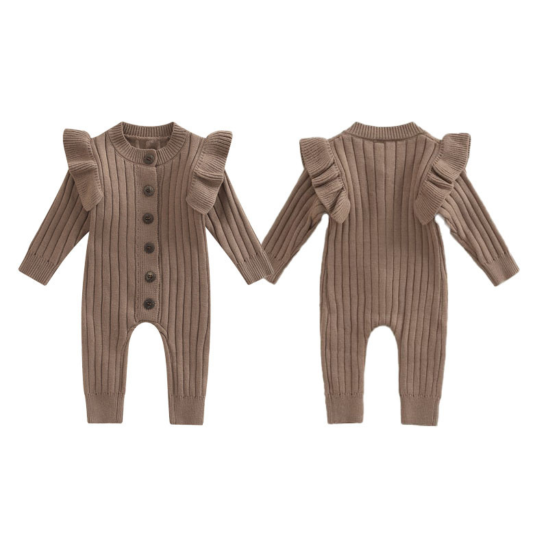 Infant Baby Hand Knit Frill Sleeve Footless Romper One Piece Button Down Cotton Jumpsuit