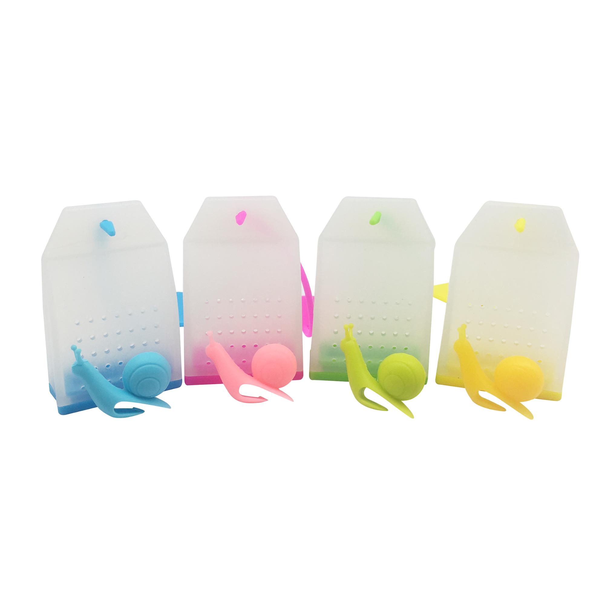 4pcs BPA- Free Custom Logo Printed Colorful Genuine Reusable Silicone Tea Bag Infuser Gift Set with Cute Snail Cup Charms