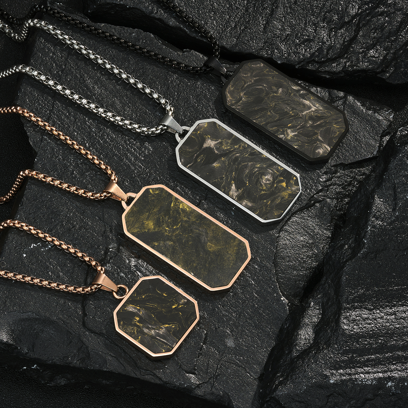 Rose Gold Jewelry Stainless Steel Plated Carbon Fiber Cross Pendant Metal Chain Necklace For Men