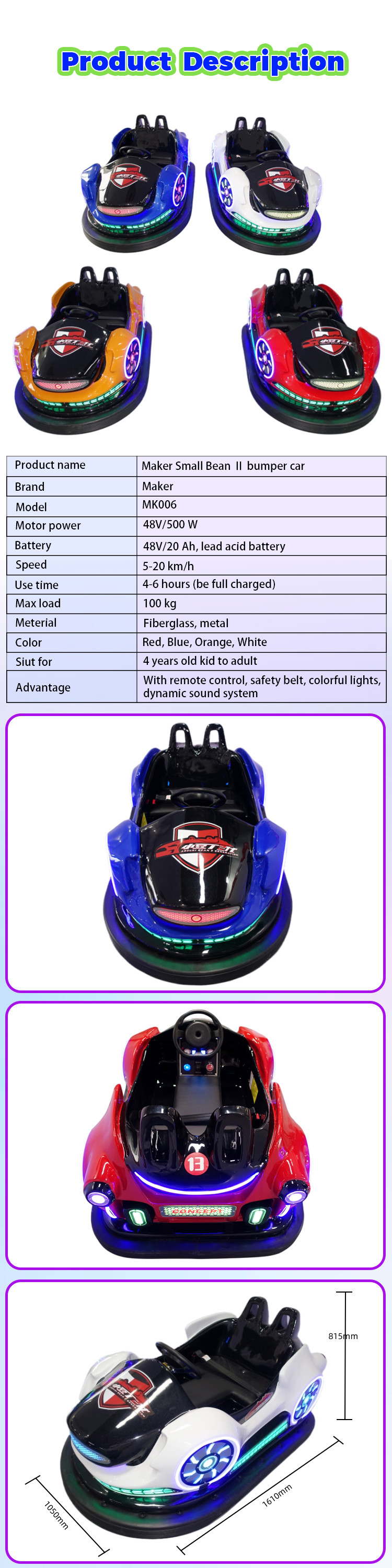 High Quality Kids Bumper Cars Electric Operated 48v Battery Operated Amusement Park Facilities Bumper Car